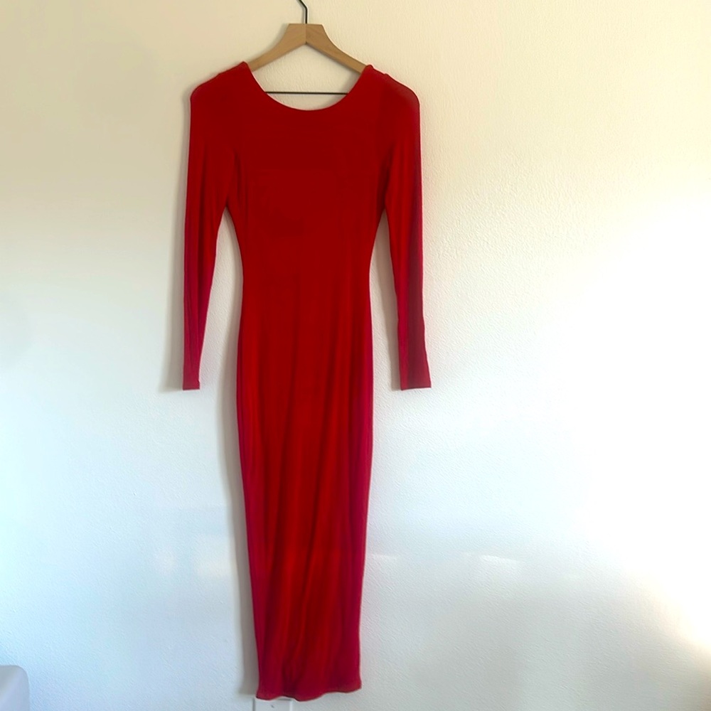 naked wardrobe long sleeve fitting midi red dress